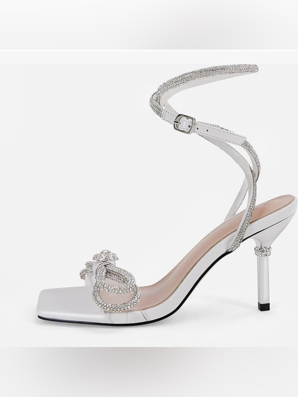 White Rhinestone Bow Heels Sandals Strappy Lace Up Pumps Wedding Shoes, Size 7 - Picture 3 of 6